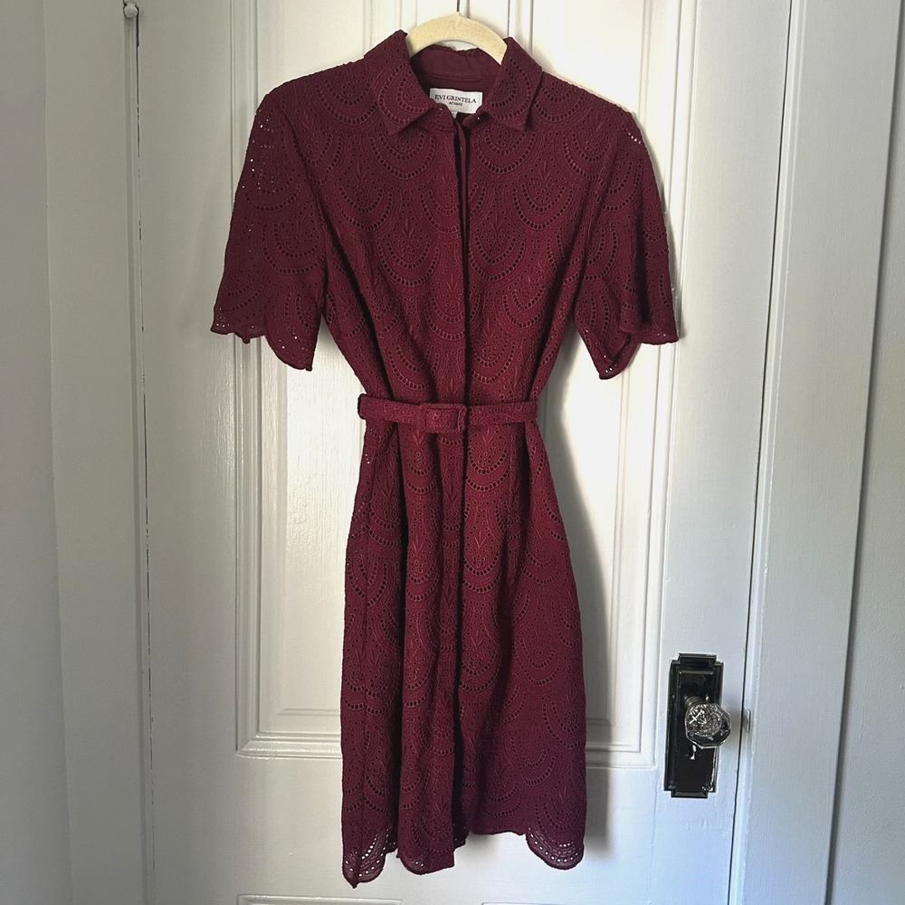 Evi Grintela Neda Lace Aubergine Burgundy Eyelet-Embroidered Shirt Dress